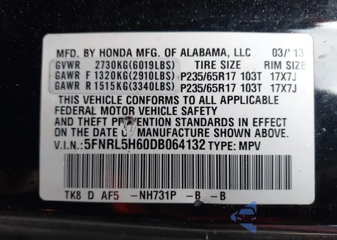 2013 Honda Odyssey Ex-L из США, поврежденный, VIN 5FNRL5H60DB064132